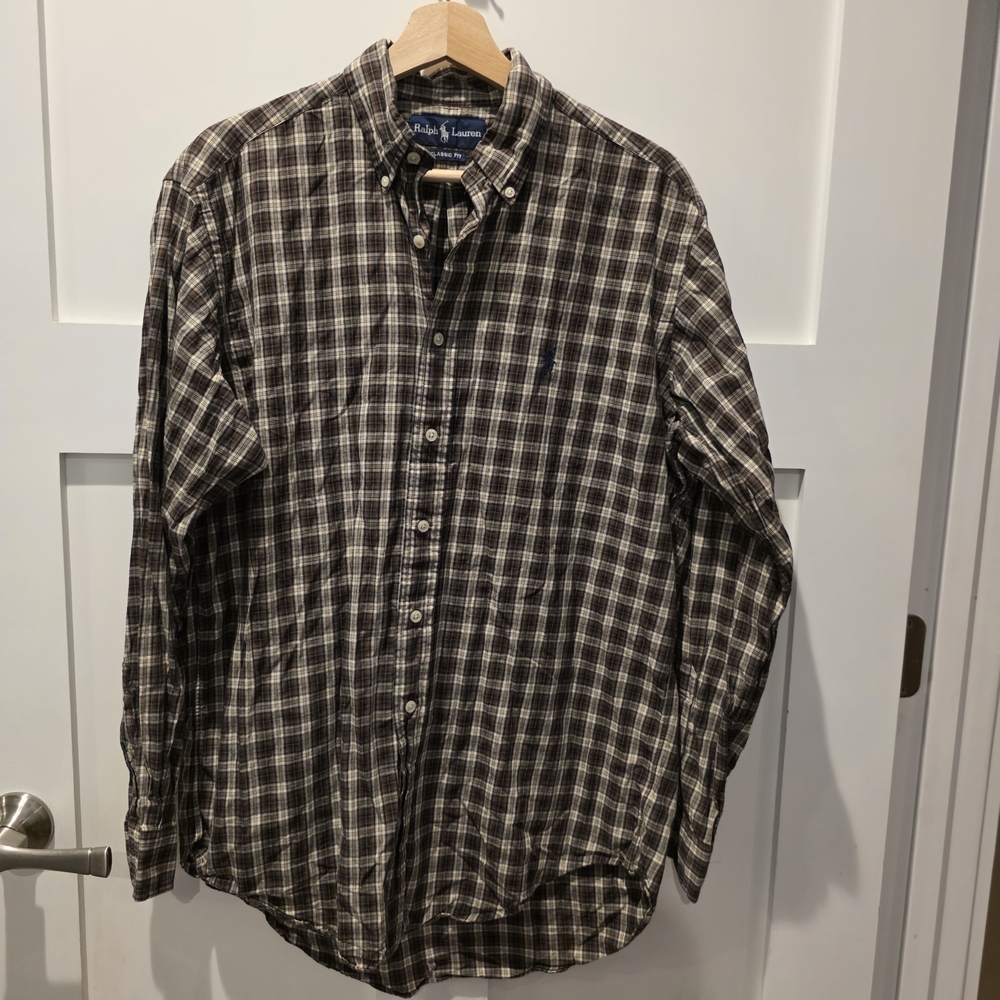 Ralph Lauren Classic Button Down Long Sleeve Shirt Plaid Brown White Fall Pony M